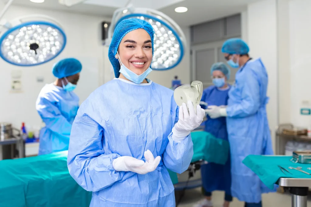 woman in surgery room holding Bone shark